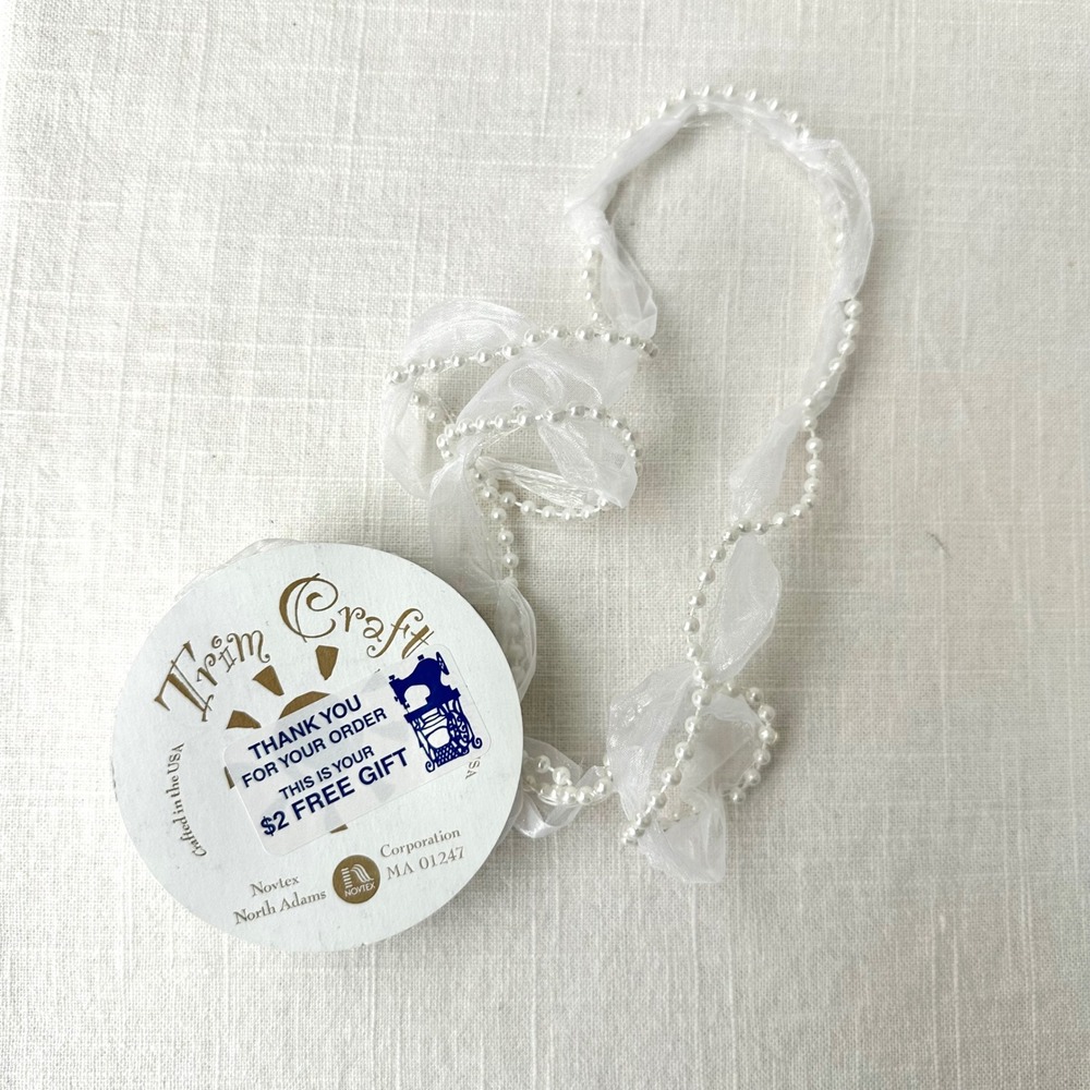 Vintage Trim Craft White Organza Ribbon Pearl Beaded Trim Bridal Sewing 3 Yards